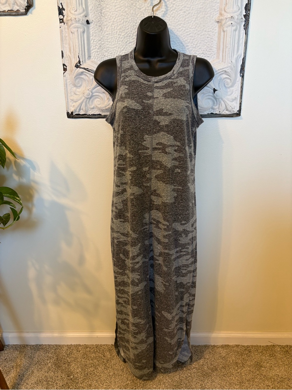 Sleeveless Green and Gray Camo Maxi Dress